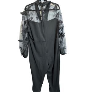 Black Butterfly Mesh Sleeve Jumpsuit Mock Neck Tie Front Tapered Leg Plus Size
